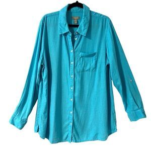 d & co L naturals linen blend aqua blue soft one pocket button down shirt long s